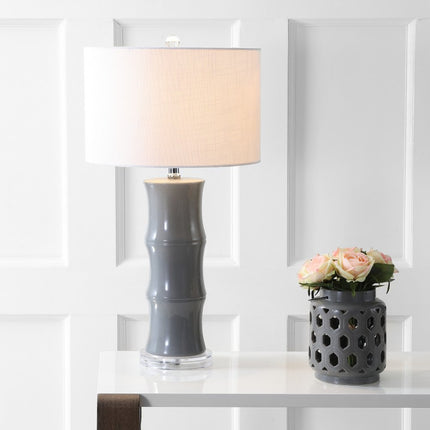 27" Gray And Clear Gourd Bedside Lamp With Drum Shade