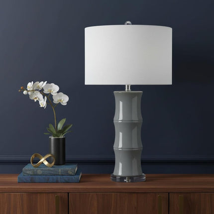 27" Gray And Clear Gourd Bedside Lamp With Drum Shade