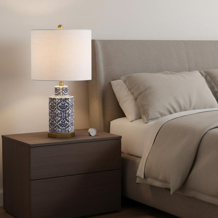 24" Navy Blue Gold And White Table Lamp With Drum Shade
