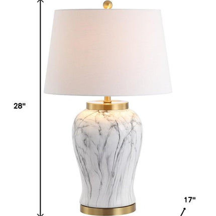 28" Gray White And Gold Urn Table Lamp With Empire Shade