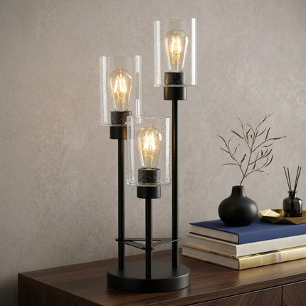 21" Black Three Light Novelty Table Lamp With Cylinder Shade