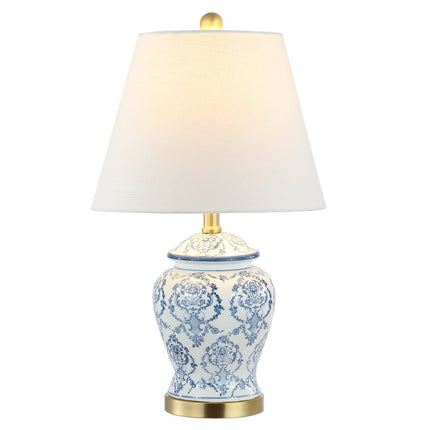 22" White Blue And Gold Urn Table Lamp With Empire Shade