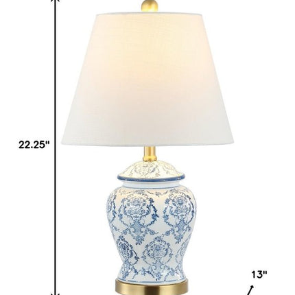 22" White Blue And Gold Urn Table Lamp With Empire Shade