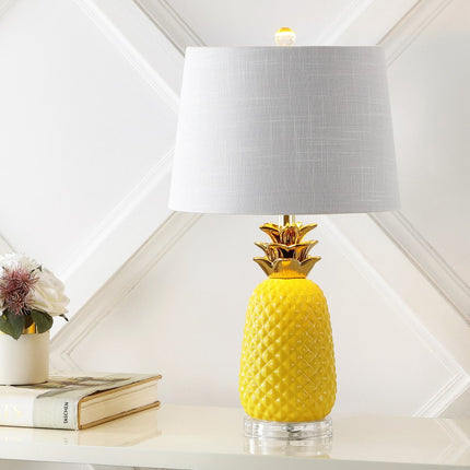 23" Yellow Gold And Clear Ceramic And Acrylic Pineapple Table Lamp With Globe Shade