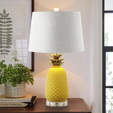 23" Yellow Gold And Clear Ceramic And Acrylic Pineapple Table Lamp With Globe Shade