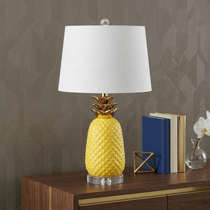 23" Yellow Gold And Clear Ceramic And Acrylic Pineapple Table Lamp With Globe Shade