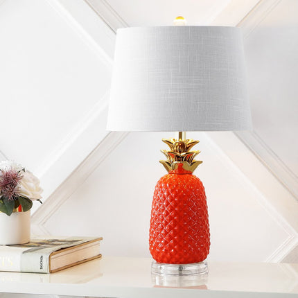 23" Orange Gold And Clear Ceramic And Acrylic Pineapple Table Lamp With Drum Shade