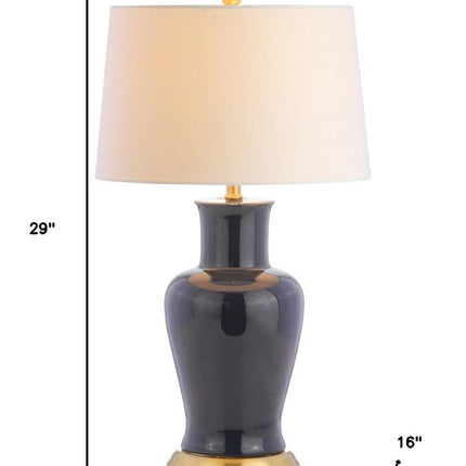 29" Navy Blue And Gold Urn Bedside Lamp With Drum Shade