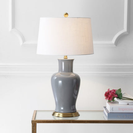 29" Gray And Gold Urn Bedside Lamp With Drum Shade