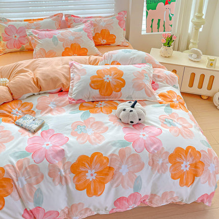 3pcs Soft & Comfortable Floral Bedding Set - Vibrant Orange & Pink Flowers, Machine Washable Polyester,