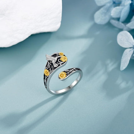 925 Sterling Silver Sunflower Hummingbird Adjustable Spoon Rings Wholesale for Women