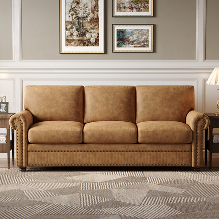 Leather Sofa  Nailhead Trim Deep Seat Rolled Arms 3 Seater, Brown, ONBRILL, Pre-assembled for Various Room Types