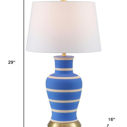 29" Blue Gold And Beige Urn Bedside Lamp With Empire Shade