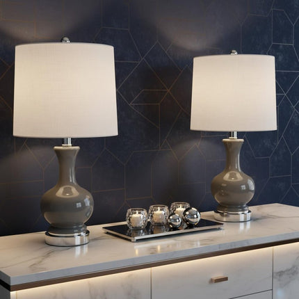 Set of Two 22" Silver Urn Bedside Lamps With Drum Shades