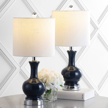 Set of Two 22" Navy Blue And Silver Gourd Bedside Lamps With Drum Shades