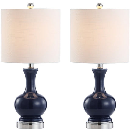 Set of Two 22" Navy Blue And Silver Gourd Bedside Lamps With Drum Shades