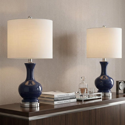 Set of Two 22" Navy Blue And Silver Gourd Bedside Lamps With Drum Shades