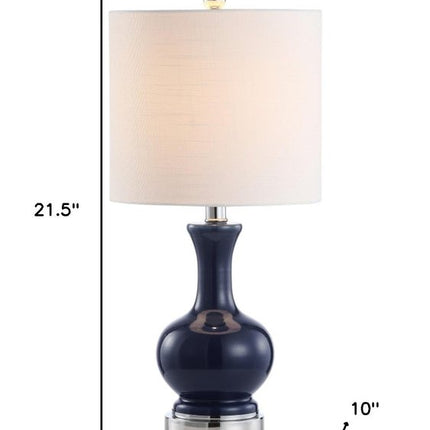 Set of Two 22" Navy Blue And Silver Gourd Bedside Lamps With Drum Shades