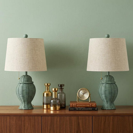 Set of Two 21" Green Urn Bedside Lamps With Empire Shades