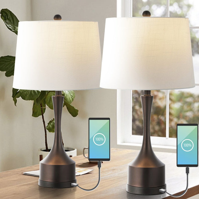 Set of Two 26" Antiqued Bronze Novelty USB Table Lamps With Empire Shades