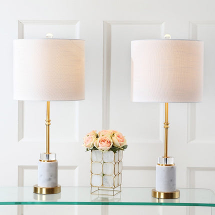 Set of Two 27" White And Brass Table Lamps With Drum Shades