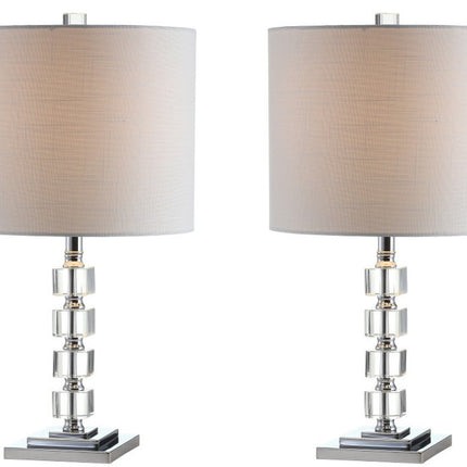 Set of Two 22" Clear And Silver Bedside Lamps With Drum Shades