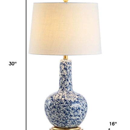 30" Blue White And Gold Gourd Table Lamp With Drum Shade