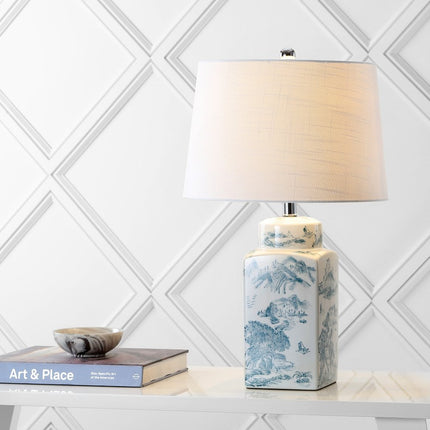 25" Blue And White Table Lamp With Drum Shade