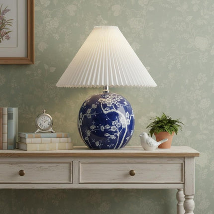 20" Blue And White Globe Table Lamp With Cone Shade