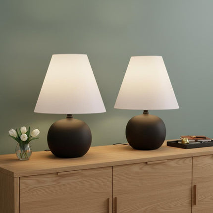 Set of Two 18" Black Round Bedside Lamps With Cone Shades