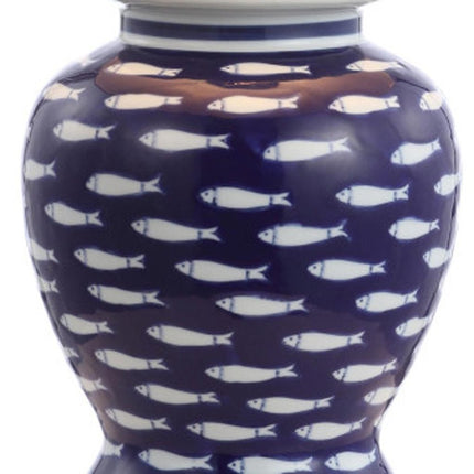 22" Navy Blue White And Gold Urn Table Lamp With Empire Shade