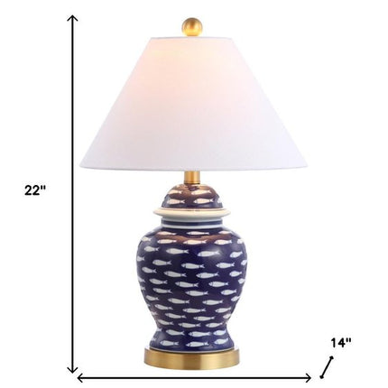 22" Navy Blue White And Gold Urn Table Lamp With Empire Shade