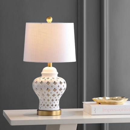 21" White And Gold Urn Table Lamp With Drum Shade