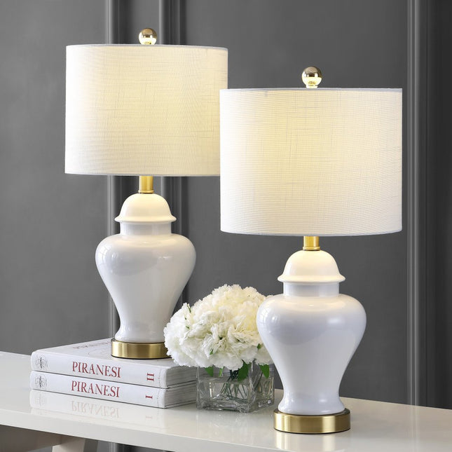 Set of Two 22" White And Gold Urn Bedside Lamps With Drum Shades