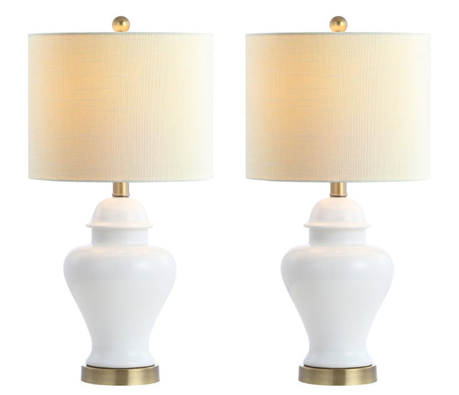 Set of Two 22" White And Gold Urn Bedside Lamps With Drum Shades