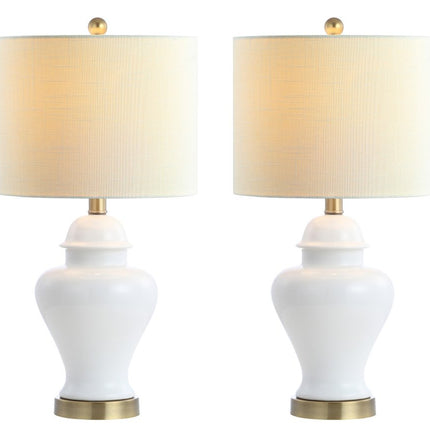Set of Two 22" White And Gold Urn Bedside Lamps With Drum Shades