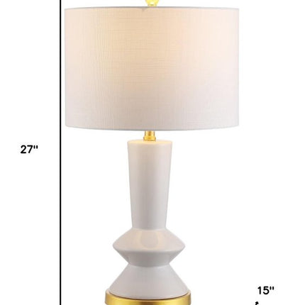 27" White And Gold Geometric Table Lamp With Drum Shade