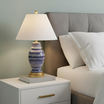 27" Navy Blue Gold And White Urn Table Lamp With Empire Shade