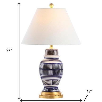 27" Navy Blue Gold And White Urn Table Lamp With Empire Shade