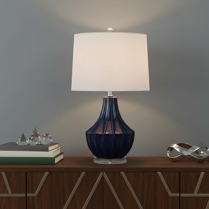 25" Navy Blue And Clear Novelty Table Lamp With Drum Shade