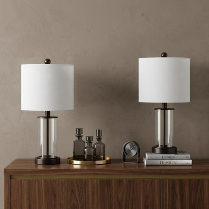 Set of Two 21" Antiqued Bronze USB Table Lamps With Drum Shades