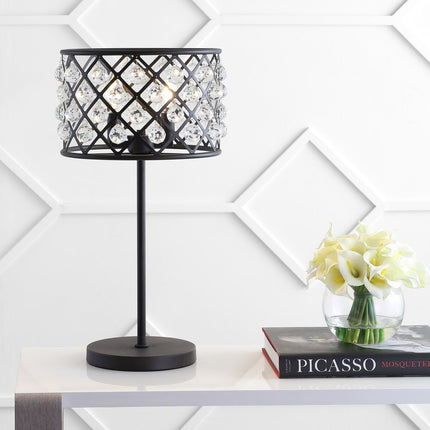 23" Antiqued Bronze Geometric Table Lamp With Drum Shade