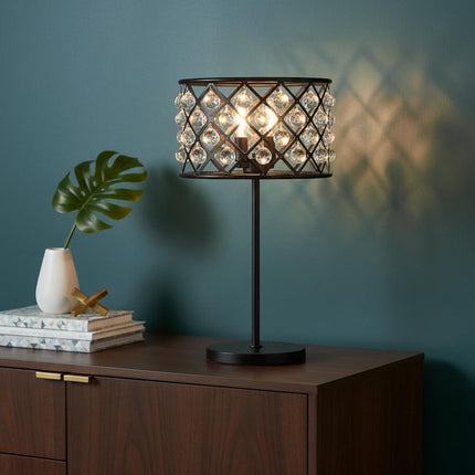 23" Antiqued Bronze Geometric Table Lamp With Drum Shade