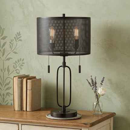27" Antiqued Bronze Novelty Table Lamp With Drum Shade