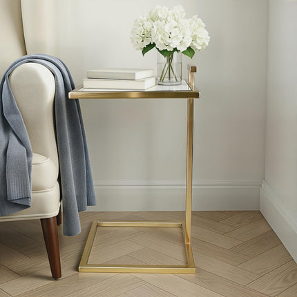 26" Clear and Gold Tempered Glass and Iron Square End Table