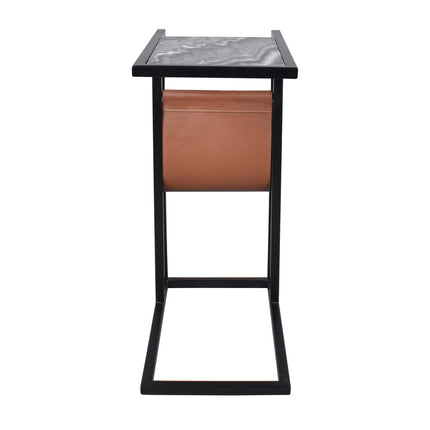 25" Black White and Brown Marble Leather and Iron End Table With Magazine Holder