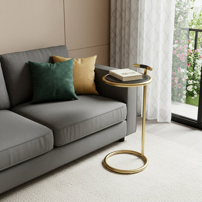 24" Black and Gold Leather and Aluminum Round End Table