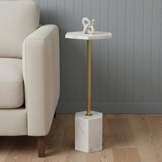 23" White and Gold Marble and Iron Hexagonal Pedestal End Table