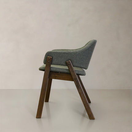 Set of Two Green and Walnut Fabric and Wood Partially Open Back Dining Arm Chairs