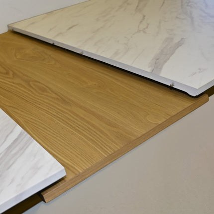 86" White and Oak Wood Self-Storing Leaf Extendable Dining Table